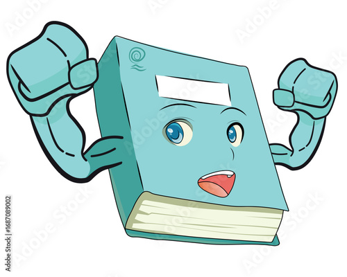 Cartoon Book Character With Muscular Arms Representing Knowledge and Strength