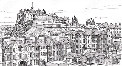 Classic view of Edinburgh, Scotland, from Calton Hill. A detailed hand-drawn black and white sketch of the historic UK capital city.