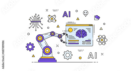 Artificial intelligence robotic arm analyzing brain interface with outline style