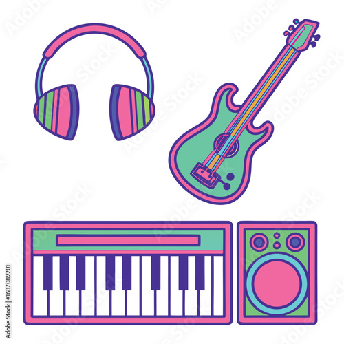 Vibrant Musical Instruments Artwork Featuring Headphones, Guitar, Keyboard, and Speaker with Bold Pink and Green Colors Suitable for Posters or Creative Projects