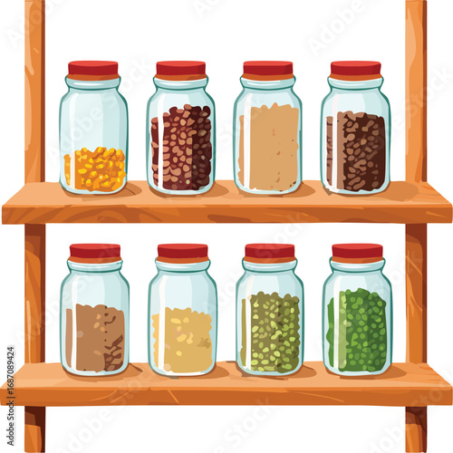 Two wooden shelves with spices, grains, and legumes in clear glass jars. An organized kitchen pantry concept for cooking and food storage. Vector illustration. Generative AI