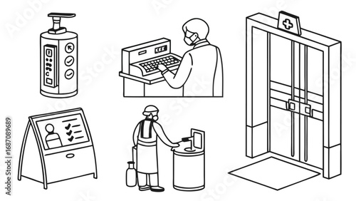 Hospital Entrance and Safety Measures Illustration.
