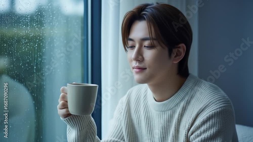 Peaceful Man Enjoying Coffee Indoors on Rainy Afternoon