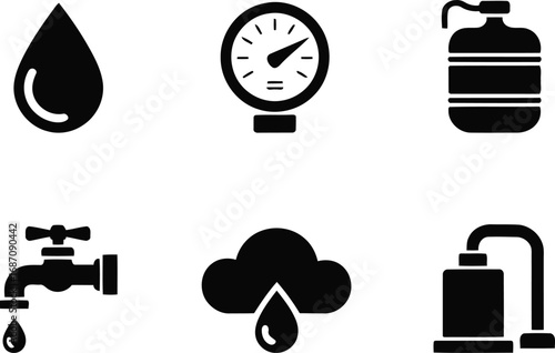 Water Related Icon Set Featuring Water Droplets, Gauges, Faucets, Storage Container, Water Filtration System And A Cloud Delivering Rain