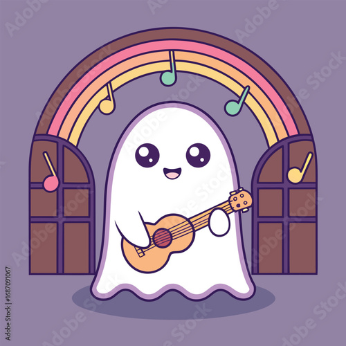 Whimsical Ghost Serenade A Kawaii Specter Plays Ukulele Beneath a Pastel Rainbow Archway with Musical Notes Creating a Charming and Ethereal Scene on a Lavender Background
