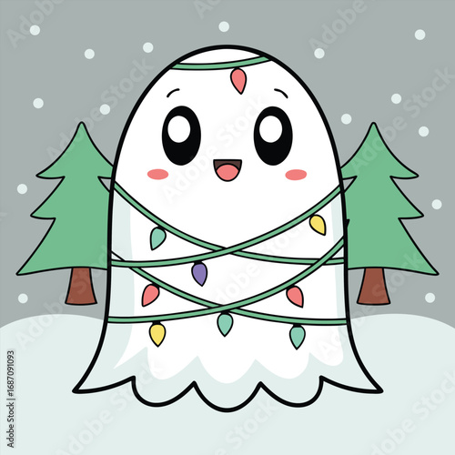 Festive Ghost Wrapped in Holiday Lights in a Winter Wonderland A charming cartoon of a ghost playfully entangled in colorful Christmas lights amidst snow and evergreen trees