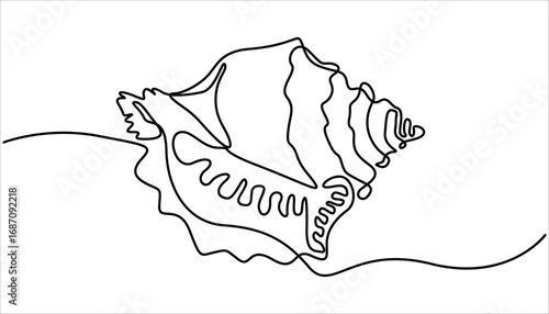 Continuous one line drawing of conch snail shell. Marine animal concept continuous line art. Conch snail seashell in simple linear style. Editable stroke. Marine animal concept continuous line art.