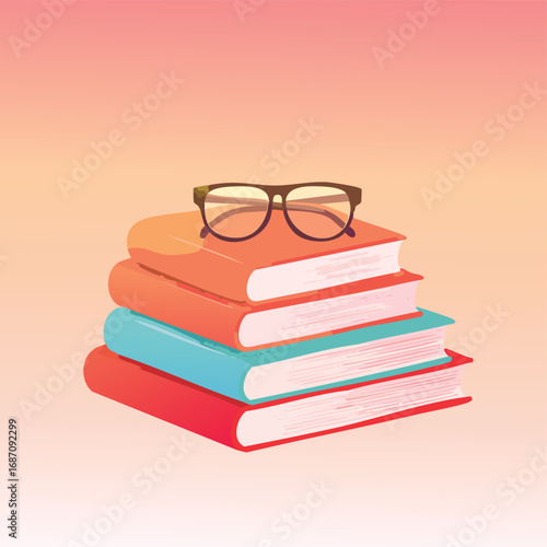 A stack of colorful books with reading glasses on top. A vector illustration for education, knowledge, learning, and literature concepts. Generative AI