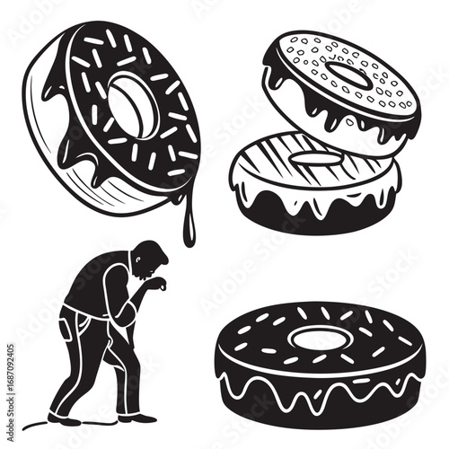Doughnuts and a man sprinkles frosting