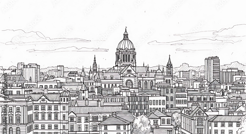 Obraz premium London skyline view featuring St. Paul's Cathedral. A detailed hand-drawn black and white sketch of the iconic cityscape over the Thames.
