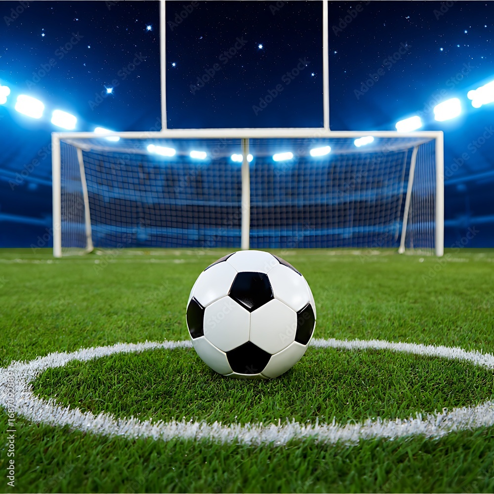 Obraz premium Soccer ball centered in a penalty circle at a stadium at night