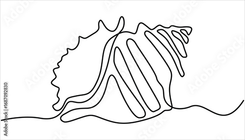Continuous one line drawing of conch snail shell. Marine animal concept continuous line art. Conch snail seashell in simple linear style. Editable stroke. Marine animal concept continuous line art.