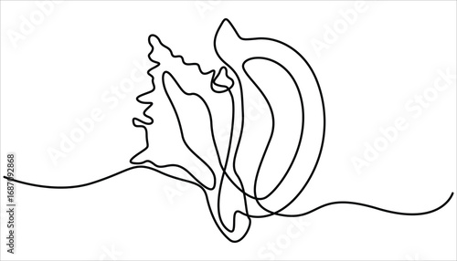 Continuous one line drawing of conch snail shell. Marine animal concept continuous line art. Conch snail seashell in simple linear style. Editable stroke. Marine animal concept continuous line art.