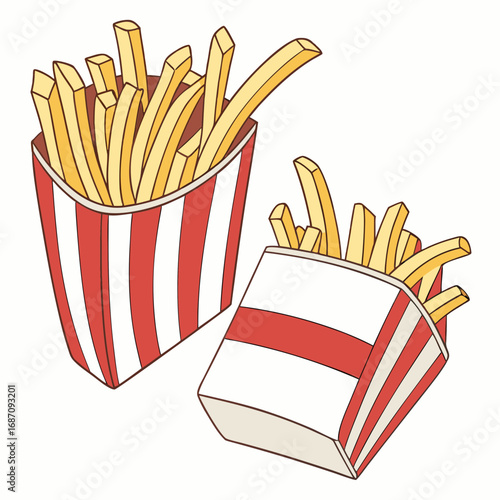 Classic French Fries in Striped Cartons, Hand-Drawn Illustration of a Popular Fast Food Snack