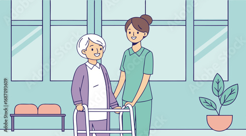Elderly Caregiver Helping Senior Woman with Walker Illustration