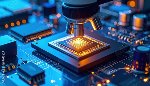 A close-up view of a microchip under a microscope, showcasing intricate circuitry and glowing elements, highlighting technological advancements in electronics.