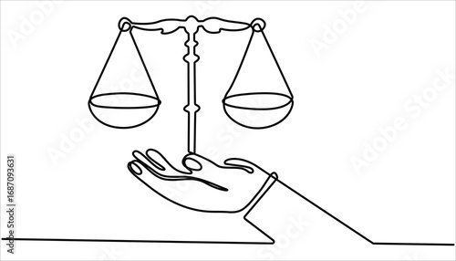 One Line Drawing of a Justice Scale, Minimalist Illustration Representing Equity and Justice, Libra symbol in single line draw illustration. Scales of justice continuous one line drawing.
