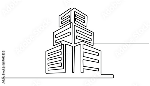 Continuous one line drawing modern building architecture. Flat roof house or commercial building in continuous line art drawing style. Modern house in line art drawing style. 