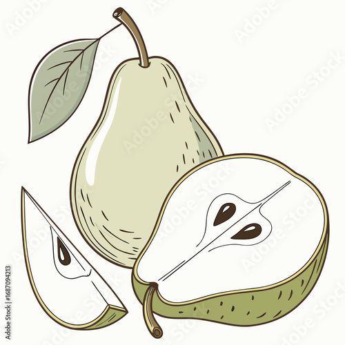 Artistic Hand-Drawn Pear Illustration with Fresh Fruit and Leaves