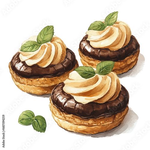 watercolor of Profiteroles, vector, isolated on a white background.