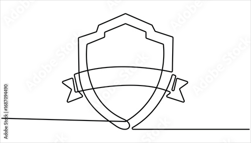 Shield of one continuous line drawing. Shield, Protection, Security Continuous Line icon Security shield drawn in one line. Shield badge with checkmark continuous line drawing. 