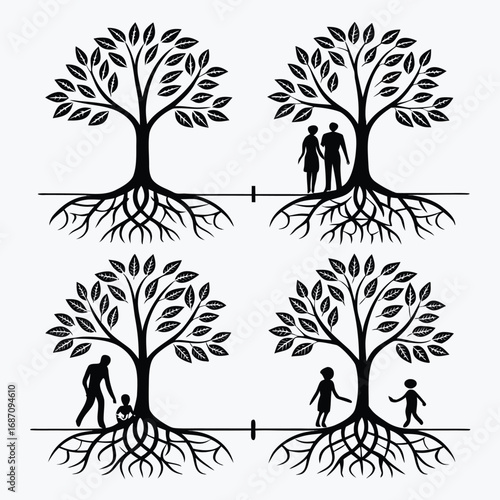 Family tree with people and roots couple child
