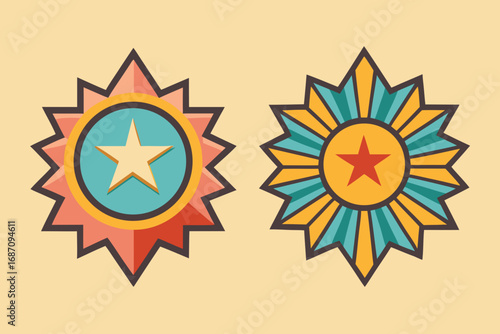 Colorful geometric star badges with contrasting designs  