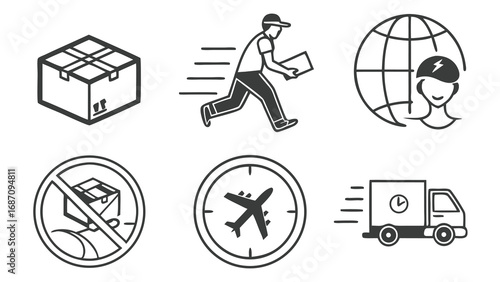 Set of icons representing logistics and delivery services.