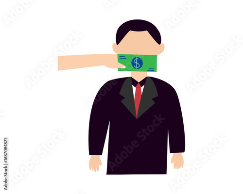 Conceptual vector illustration of a hand silencing a businessman with a dollar banknote, symbolizing financial corruption, bribery, and censorship