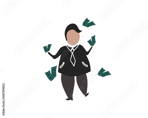 Overweight Businessman Throwing Money Around in Celebration