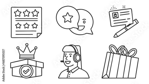 Customer Service and Loyalty Program Icons in Line Art.