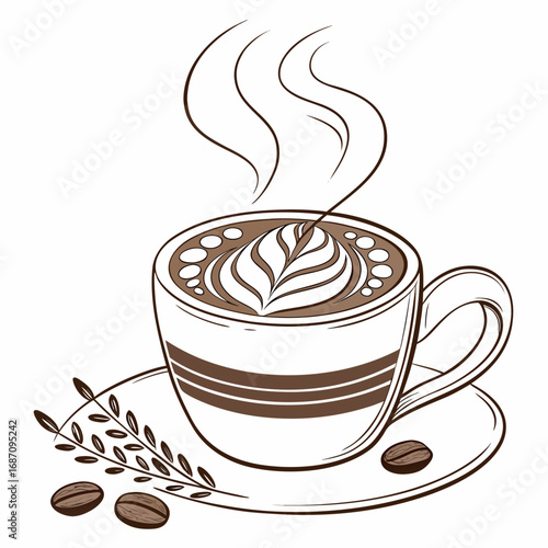 Artistic line illustration of a steaming hot coffee cup with decorative latte foam design on a small saucer