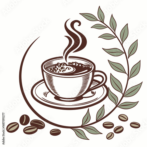 Warm Coffee Cup with Steam and Coffee Beans
