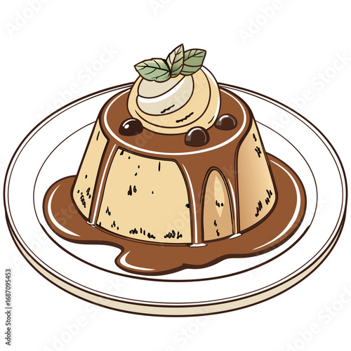 Decadent Caramel Pudding with Vanilla Ice Cream and Chocolate Sauce Illustration