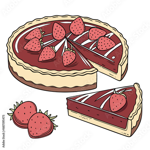 Hand-drawn illustration of a delicious strawberry tart with a slice