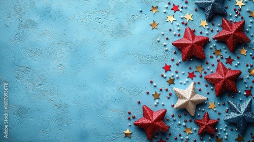 Red White Blue Stars on Light Blue Background, USA Holiday Design Concept, Flat Lay Composition with Text Space
