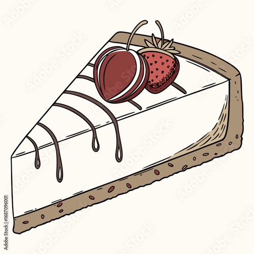 Hand-drawn vector illustration of a delicious layered halva dessert with almonds and sweet syrup drizzle on a plate