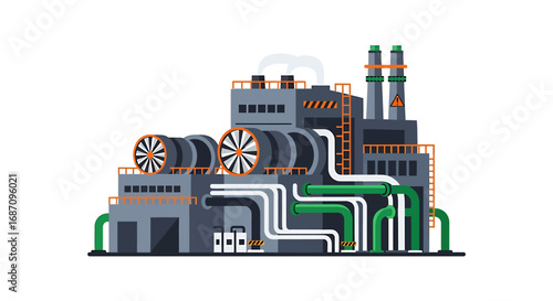 Stylized industrial factory with intricate pipeline systems and cooling fans