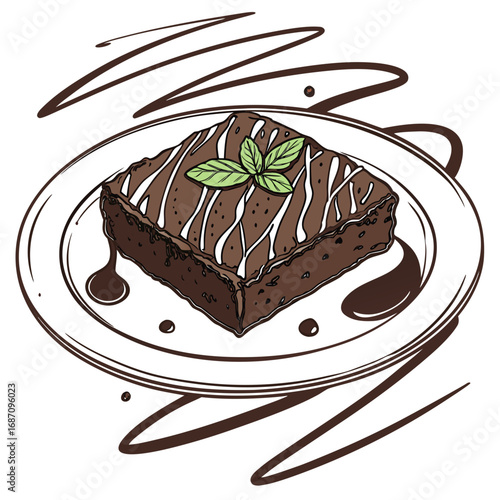 Artistic sketch of a decadent chocolate fudge brownie dessert, garnished with white icing and fresh mint on a drizzled plate