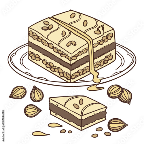 Gourmet layered halva dessert with nuts and sweet syrup drizzle
