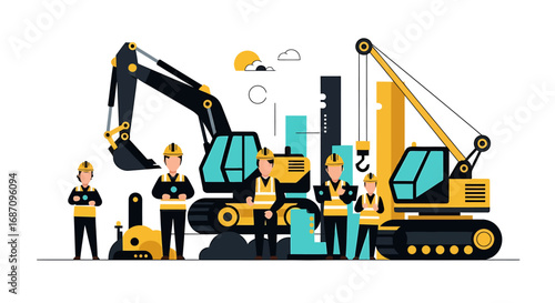 Stylized illustration showcasing construction personnel with heavy machinery