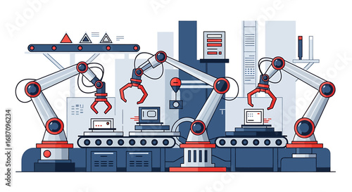 Automated factory assembly line with robotic arms and conveyor belts