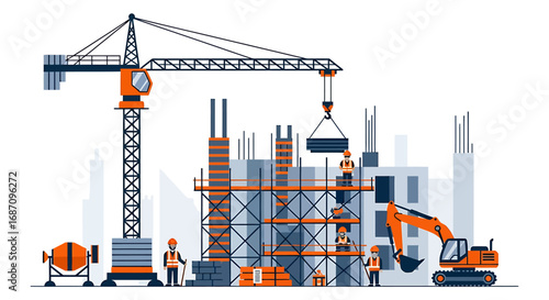 Animated illustration capturing a construction site filled with equipment and