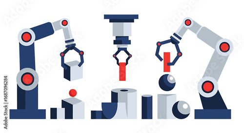 Robotic arms working on manufacturing process automation components and
