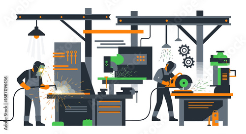 Industrial processes illustration showcasing welding and cutting with safety