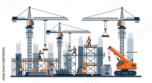 Busy building construction site with workers cranes and heavy machinery action