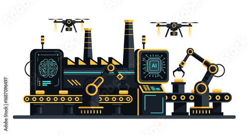 Futuristic automated factory concept with advanced robotic systems and drones