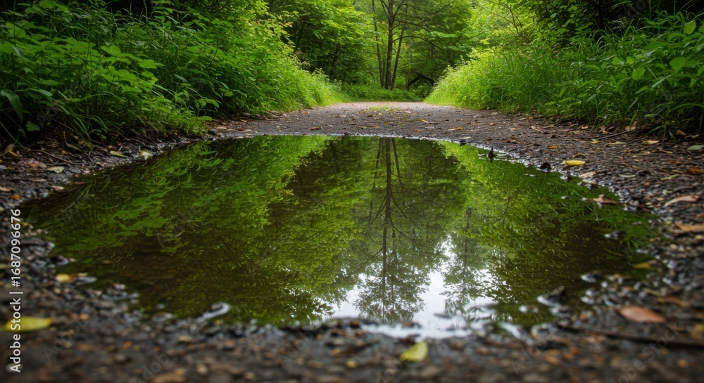 Naklejka premium Vibrant Green Summer Forest and Bright Sky Perfectly Reflected in a Puddle on a Hiking Trail.