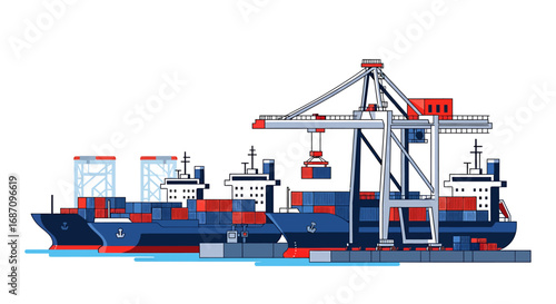 Illustration depicting a cargo terminal with ships and a loading crane operation