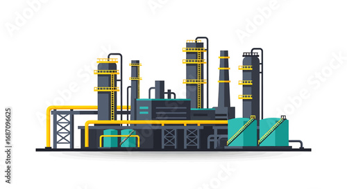 Stylized depiction of a complex manufacturing plant, emphasizing modern